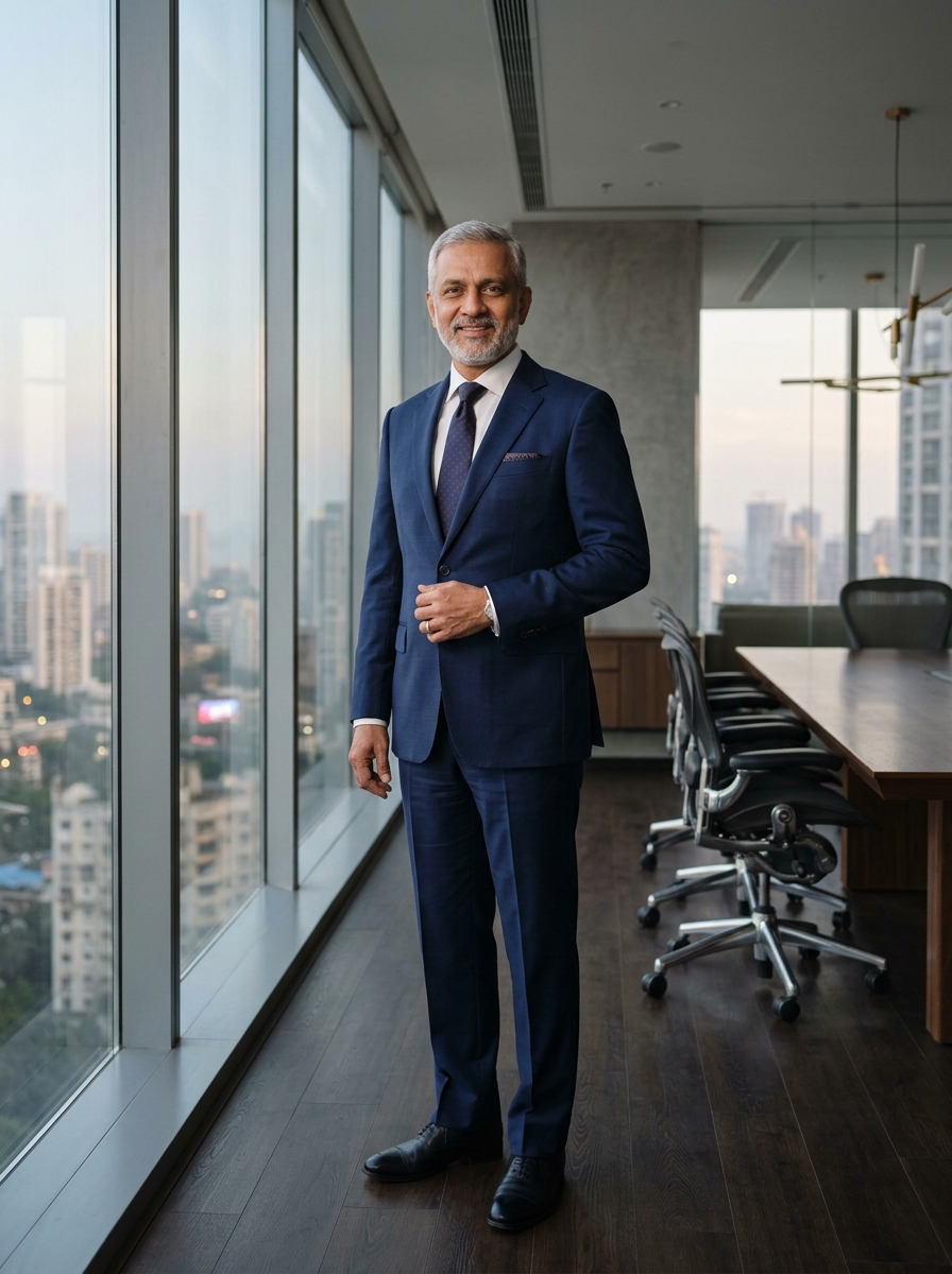 Ter Kadamba das in a modern executive blue suit inside a minimalist boardroom setting