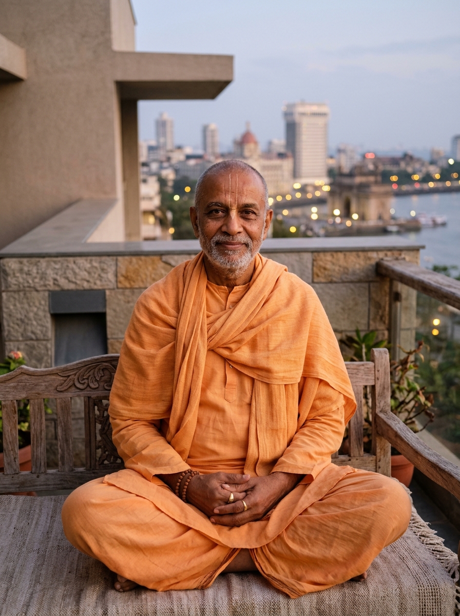 Ter Kadamba das in traditional saffron Vedic robes, poised and grounded against a minimalist architectural backdrop